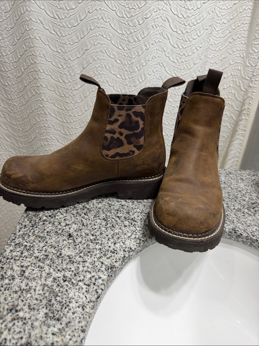 Ariat Brown Chelsea Boots with Leopard Elastic Panels